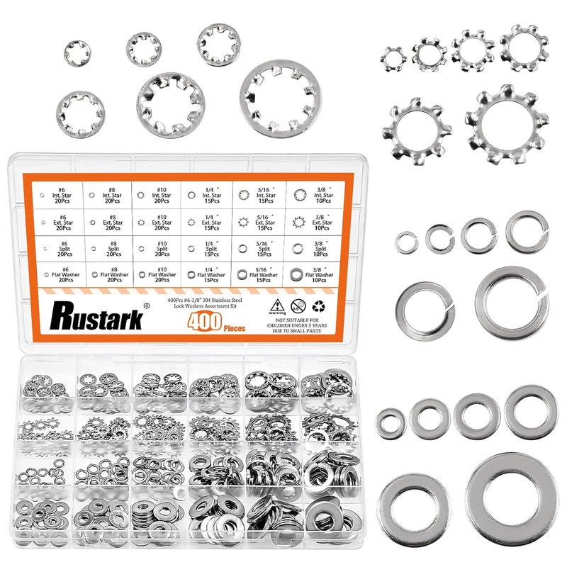 Rustark 400Pcs 6 Sizes 304 Stainless Steel SAE External & Internal Star Washers & Split Lock Washers & Flat Washer Assortment Kit Spring Lock Washer for Home Industry Construction - Image 1